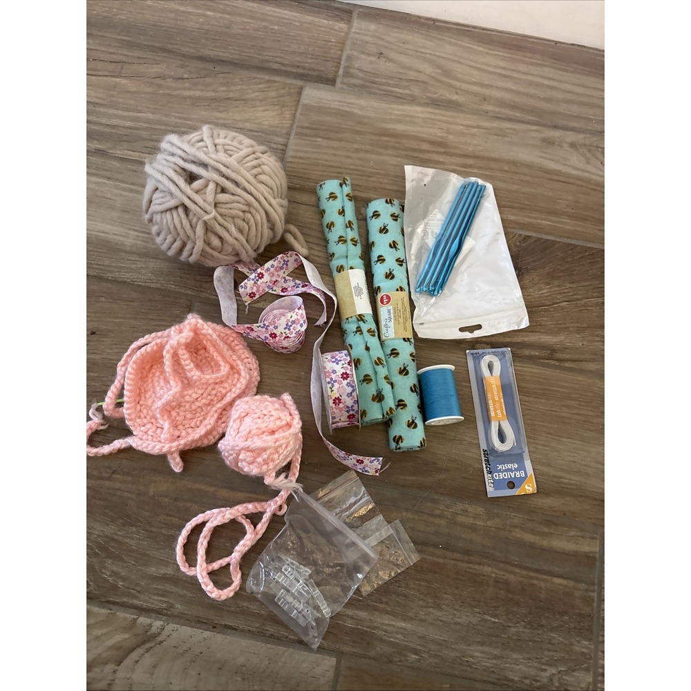 Lot Craft Supplies Mixed Thread Fabric Ribbon Crochet Hooks Elastic Offray Bee